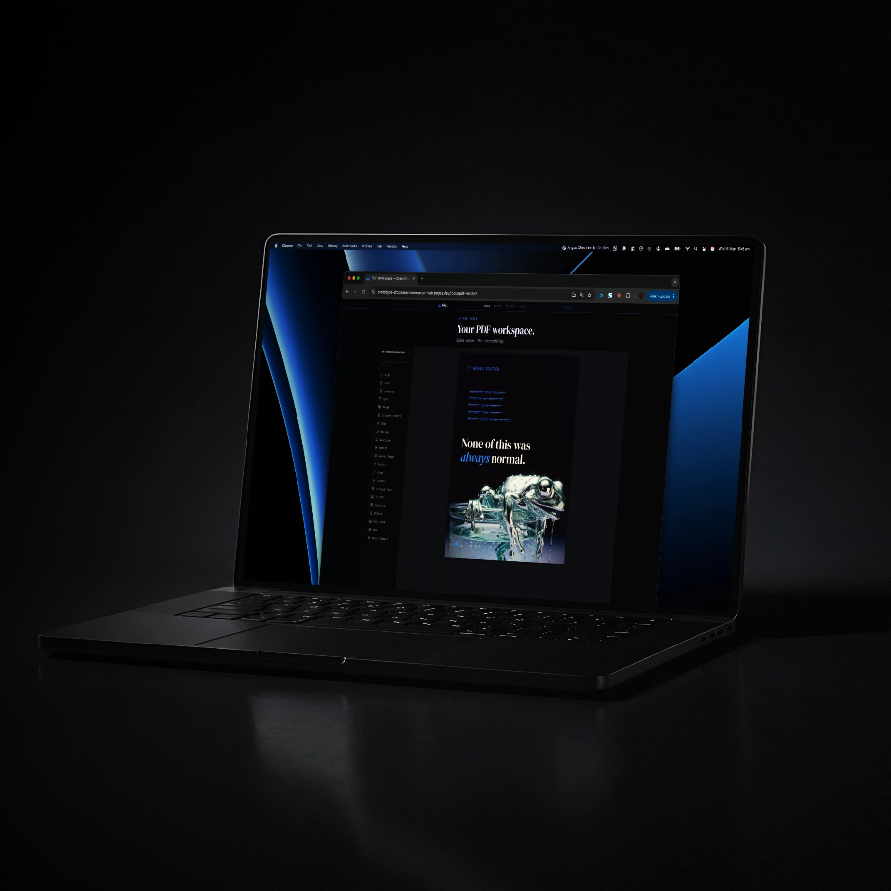 A laptop displaying the fwip homepage with file tools running locally in the browser