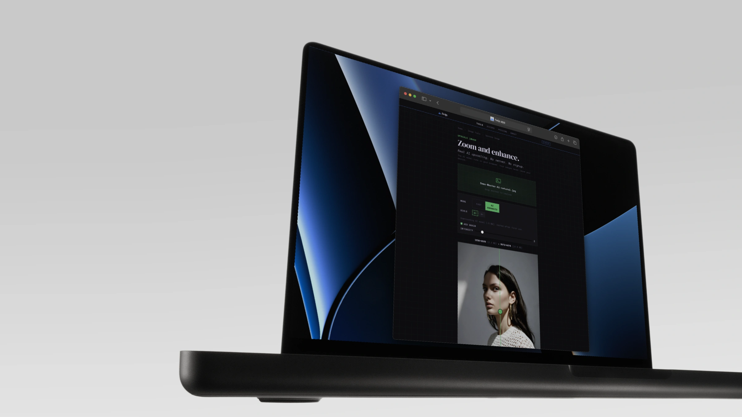 A photo enlarged with AI super-resolution, sharper after upscaling