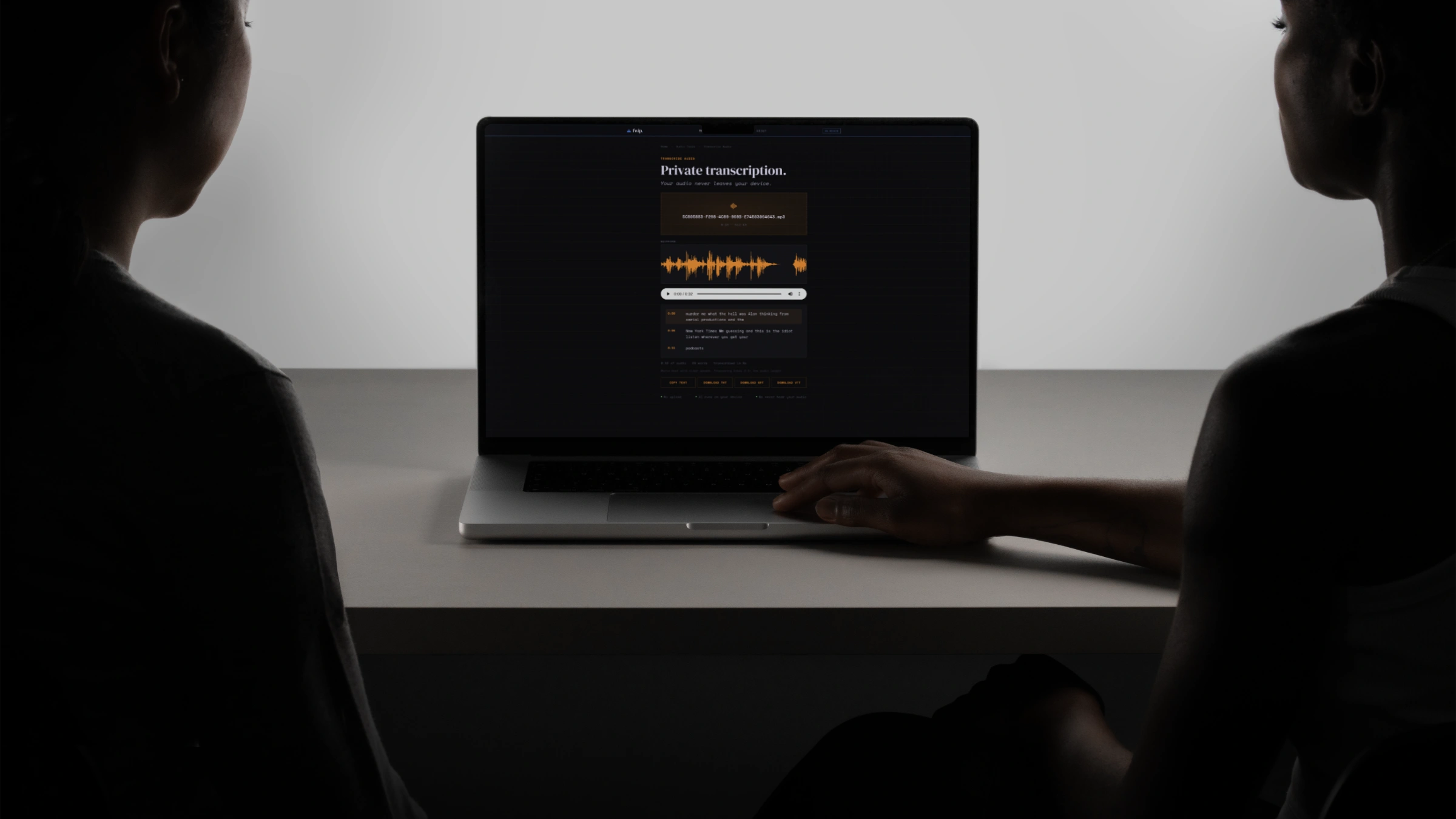 An audio transcription view with a waveform and timestamped text